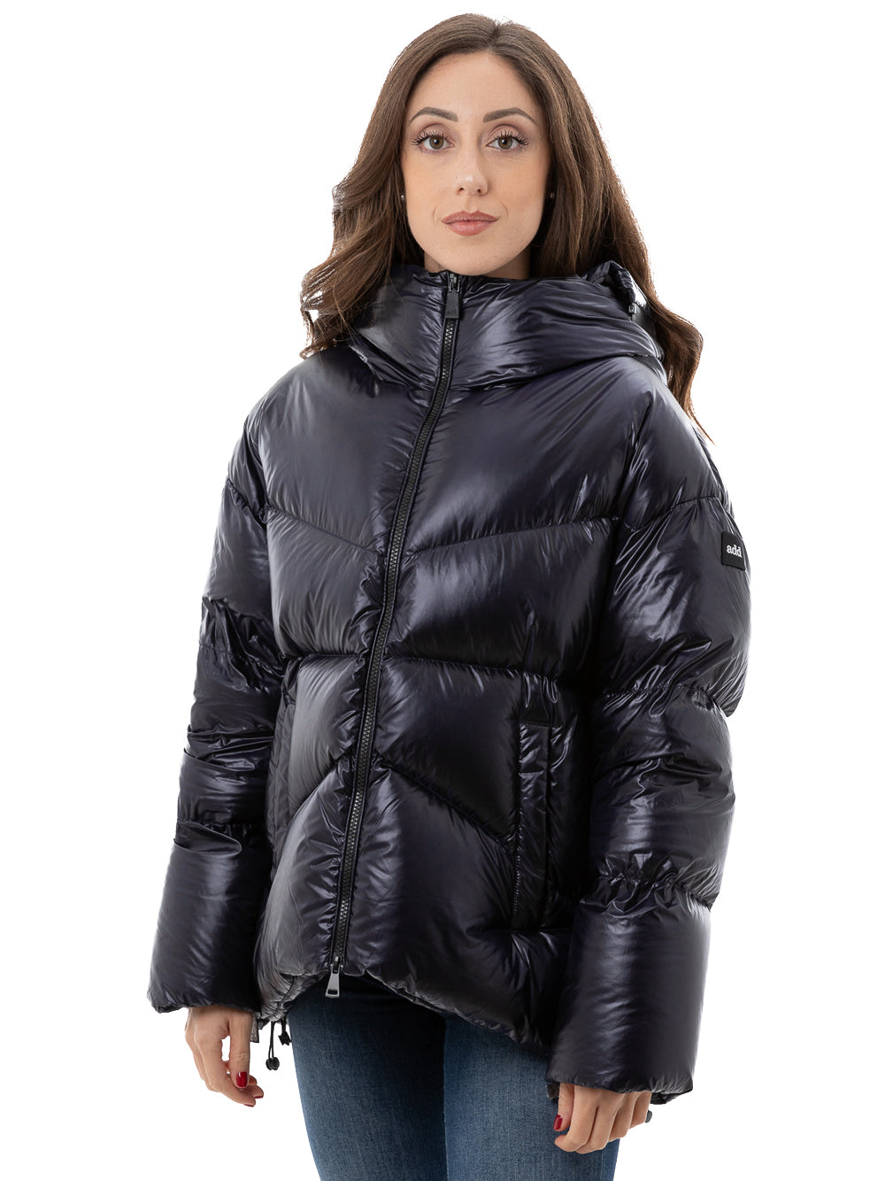 Down jacket with hood and retractable logo ADD
