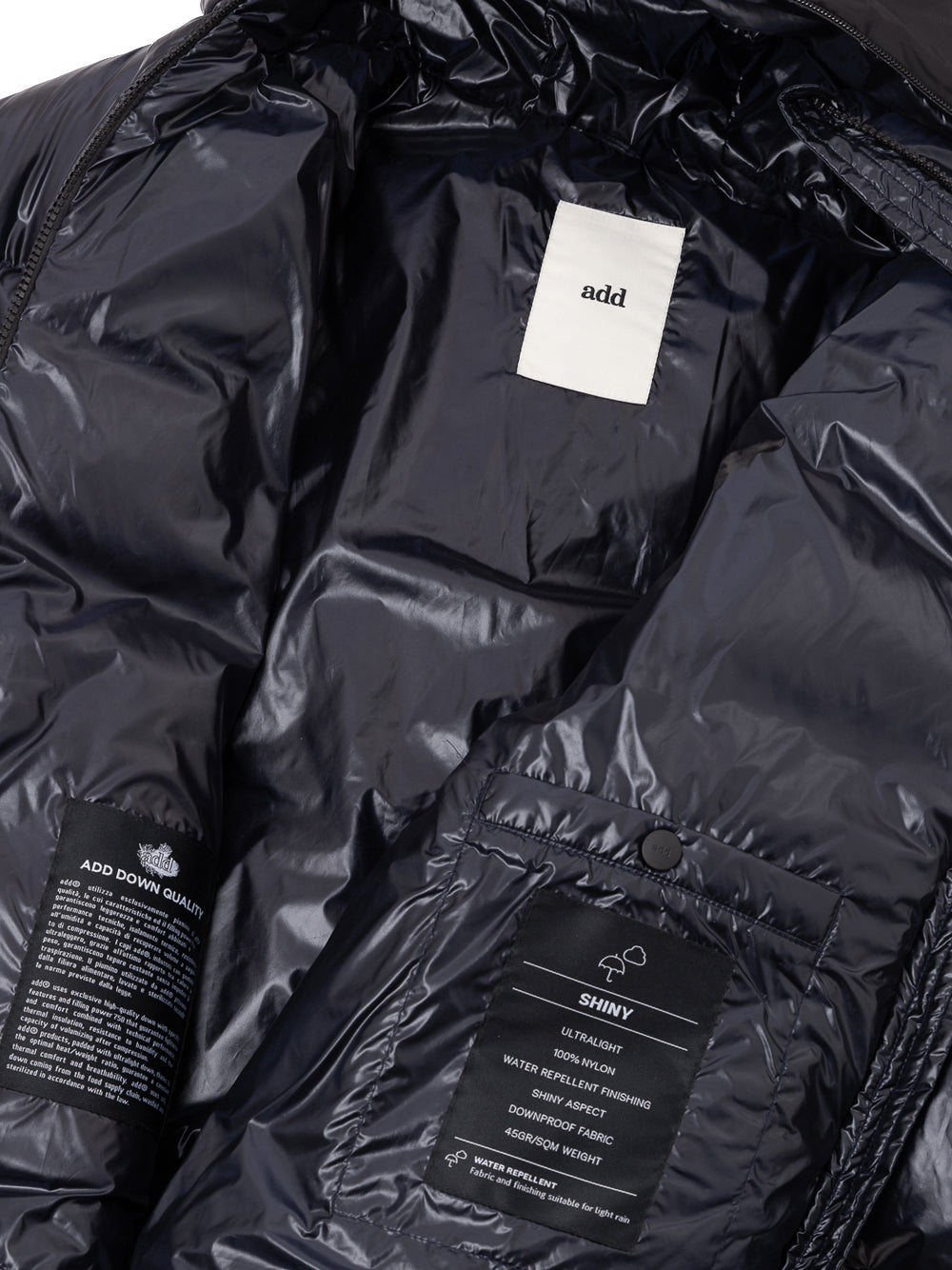 Down jacket with hood and retractable logo ADD