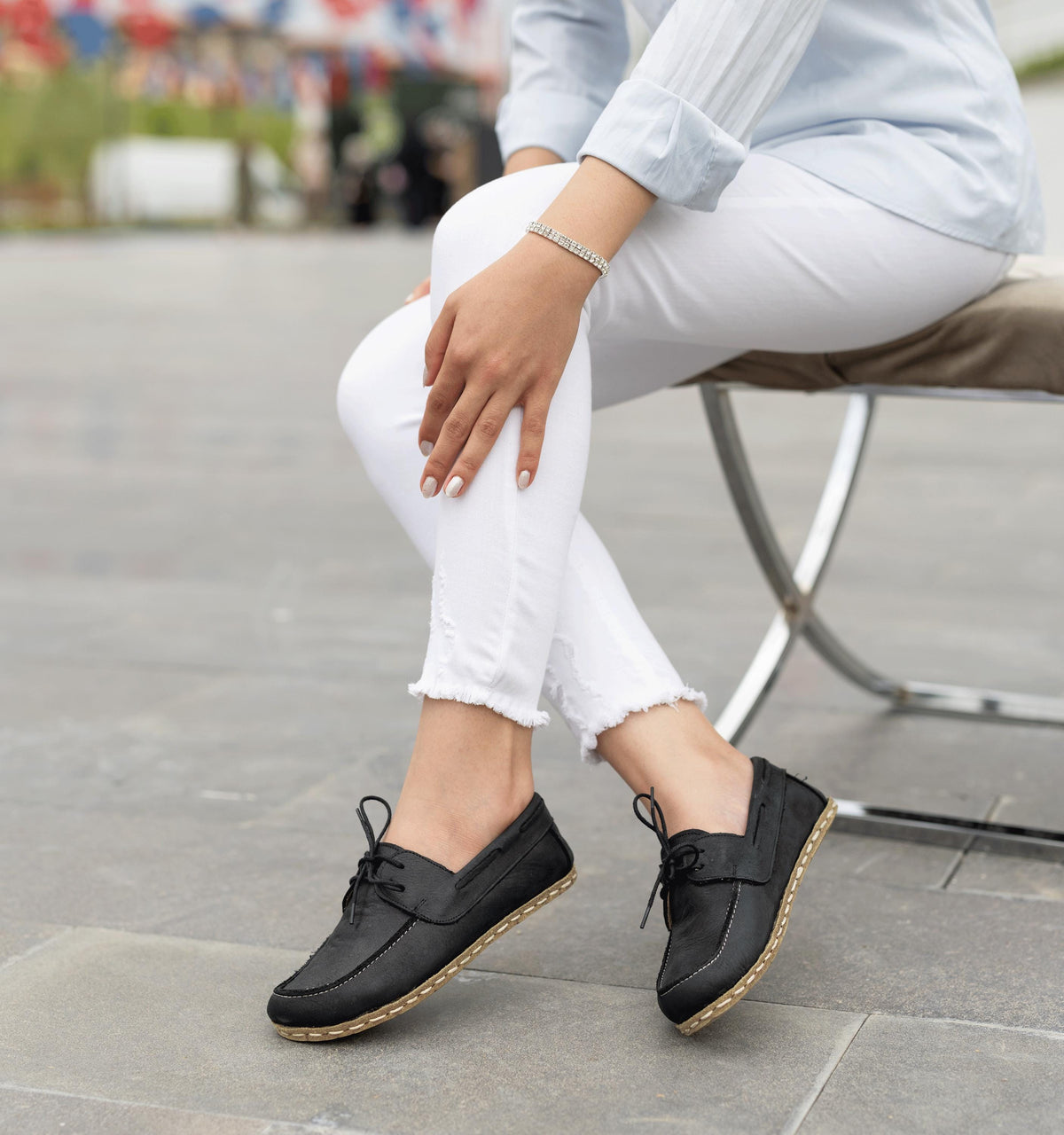 Raven Black barefoot boat shoe for women — buffalo leather sole with copper grounding rivet