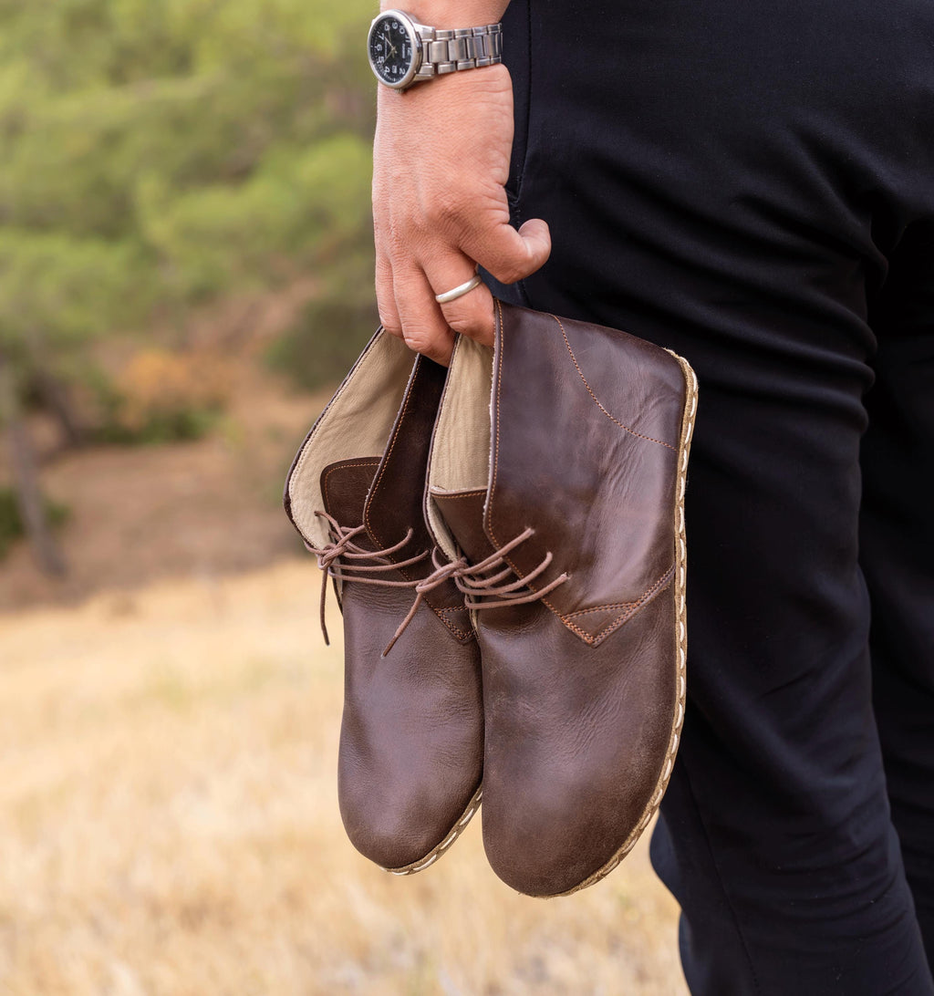 Earth men's barefoot chukka boot — pull-up crazy calfskin upper, hand-cut
