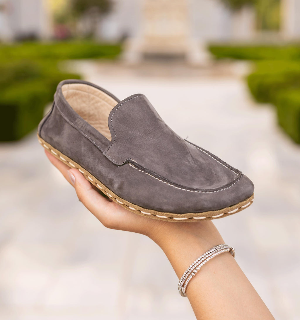 Ashen barefoot moccasin for women — buffalo leather sole with copper grounding rivet
