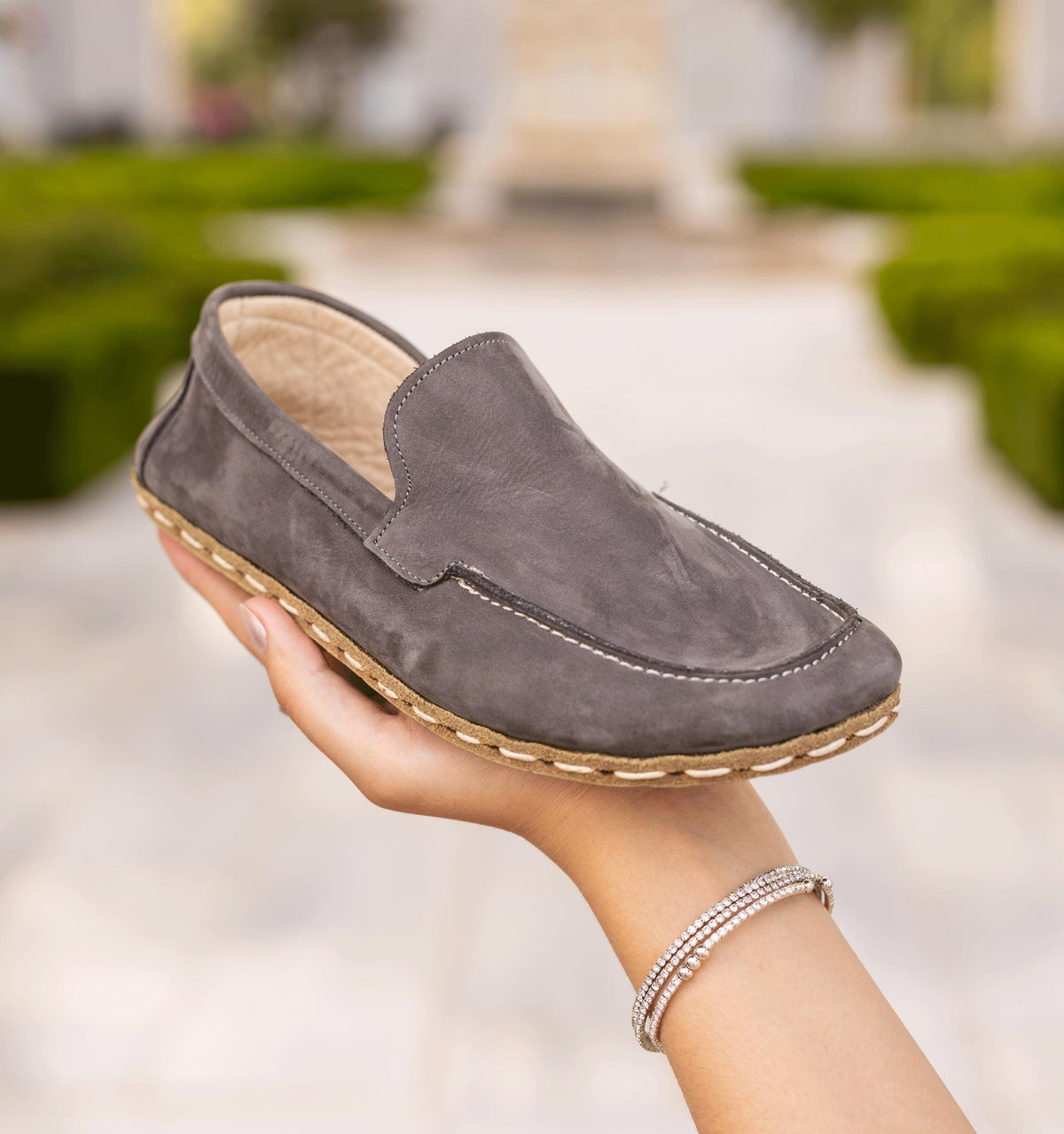 Ashen barefoot moccasin for women — buffalo leather sole with copper grounding rivet