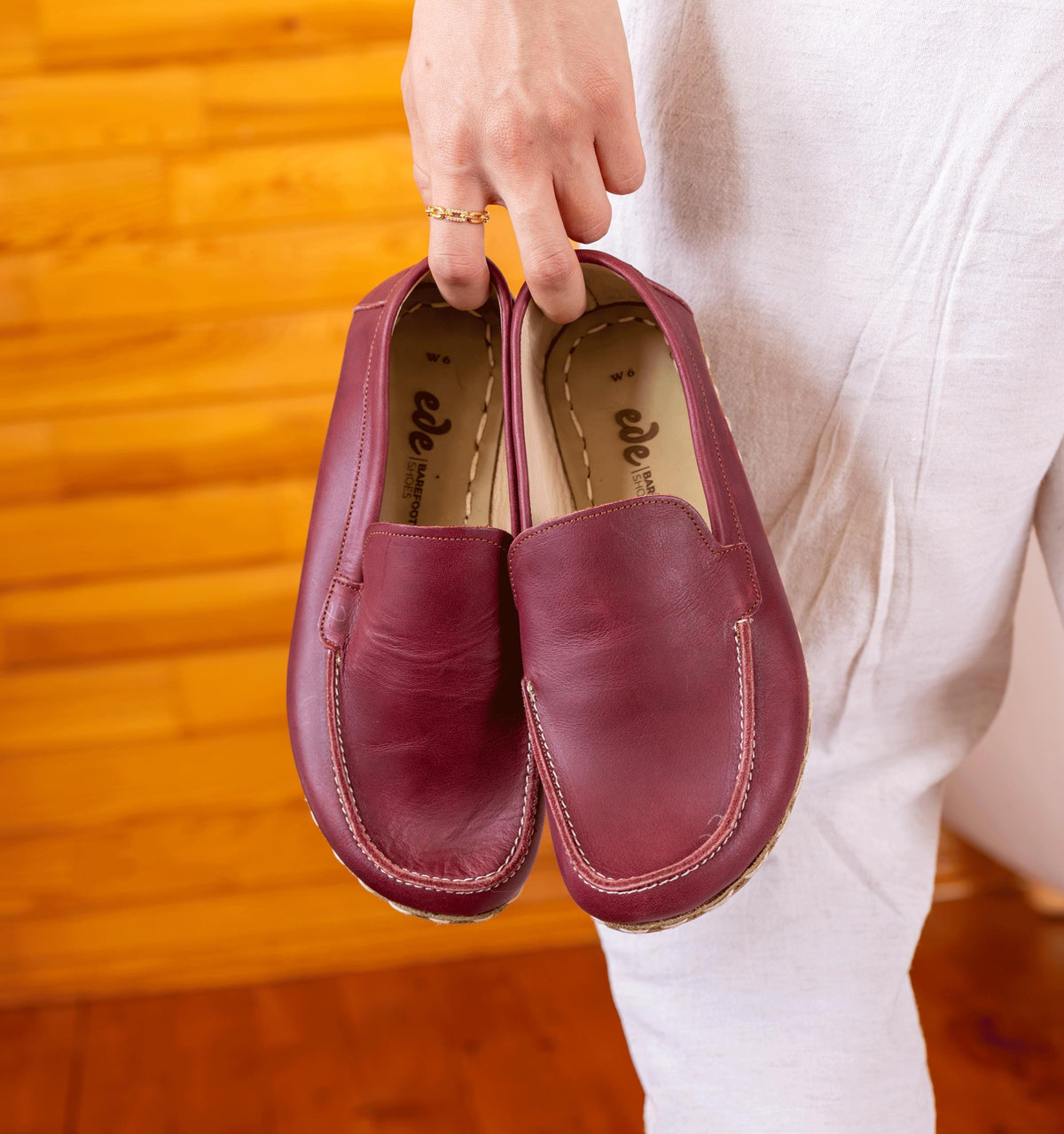 Burgundy women's barefoot moccasin — smooth full-grain calfskin upper, hand-cut