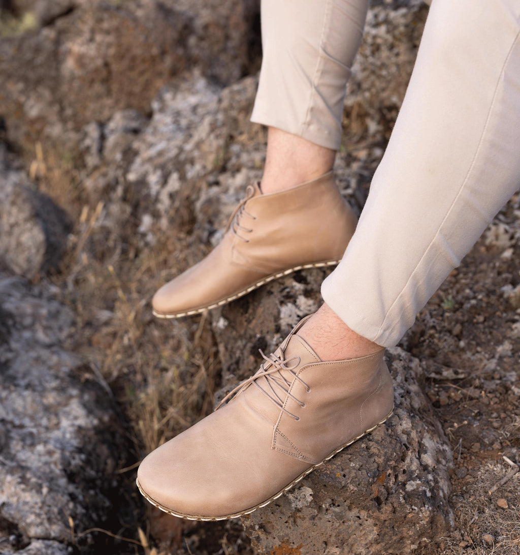 Sand men's barefoot chukka boot — pull-up crazy calfskin upper, hand-cut