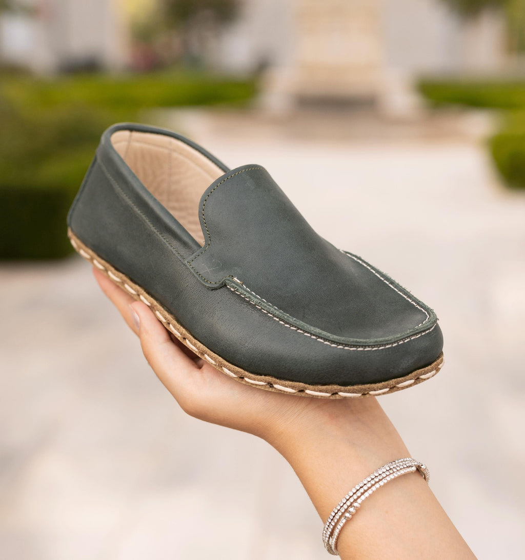 Evergreen barefoot moccasin for women — buffalo leather sole with copper grounding rivet