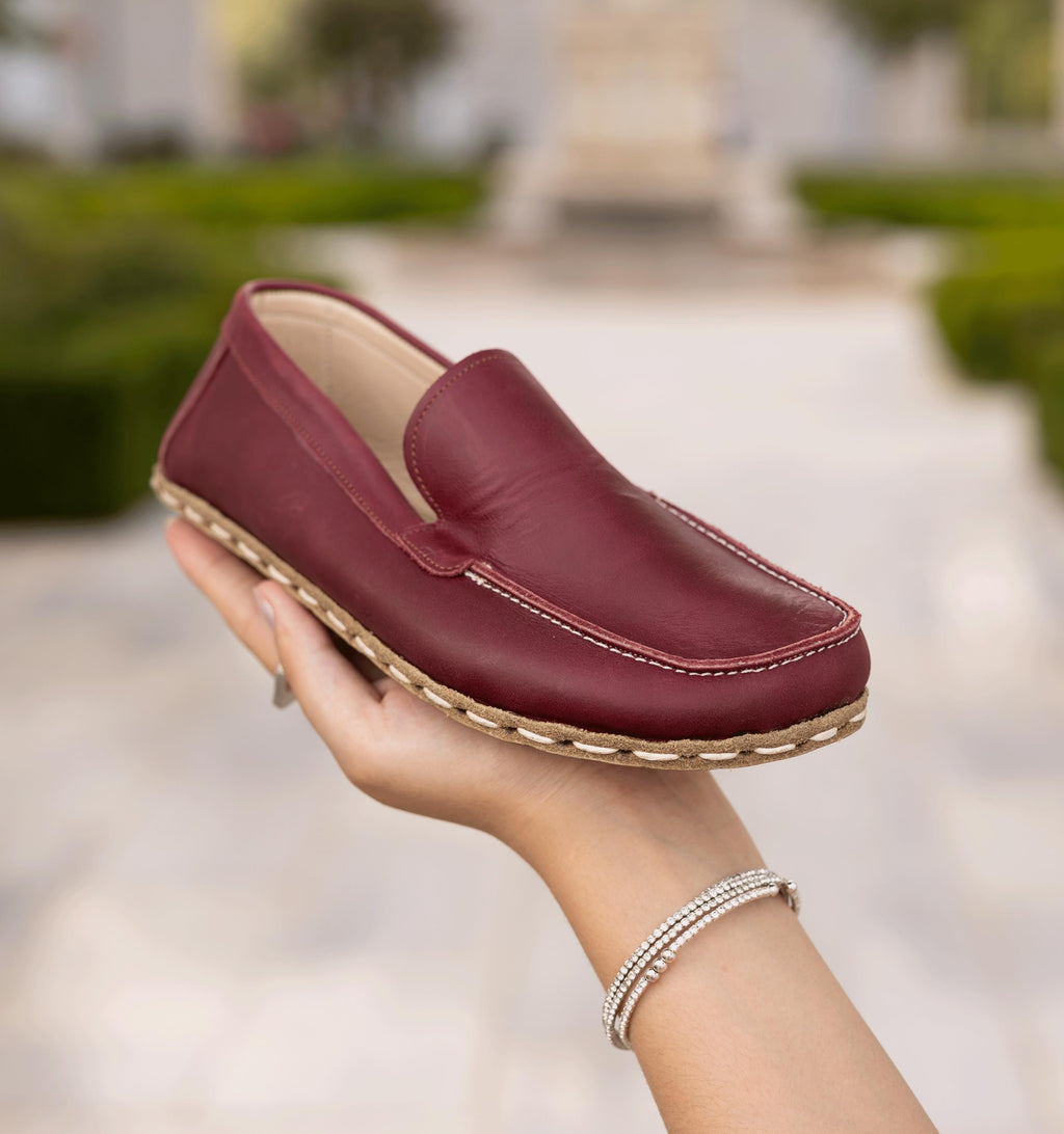 Burgundy barefoot moccasin for women — buffalo leather sole with copper grounding rivet