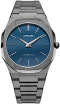 D1 Milano ultra-thin quartz watch with petrol blue striped dial and stainless steel bracelet, front view
