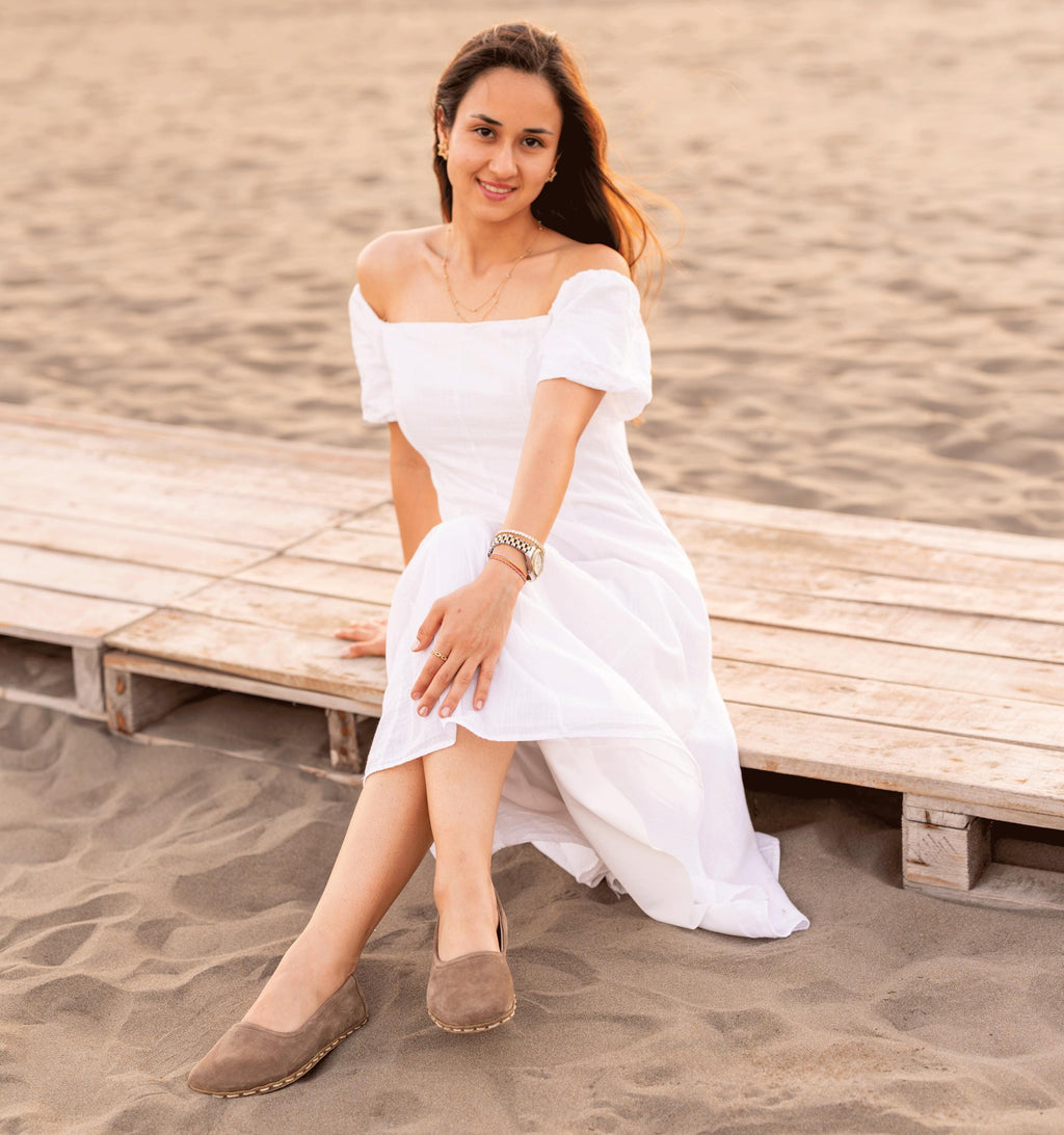 Beige Dawn barefoot ballet flat for women — buffalo leather sole with copper grounding rivet