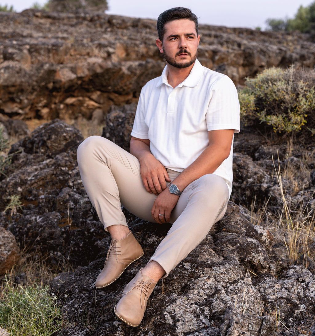 Sand barefoot chukka boot for men — buffalo leather sole with copper grounding rivet