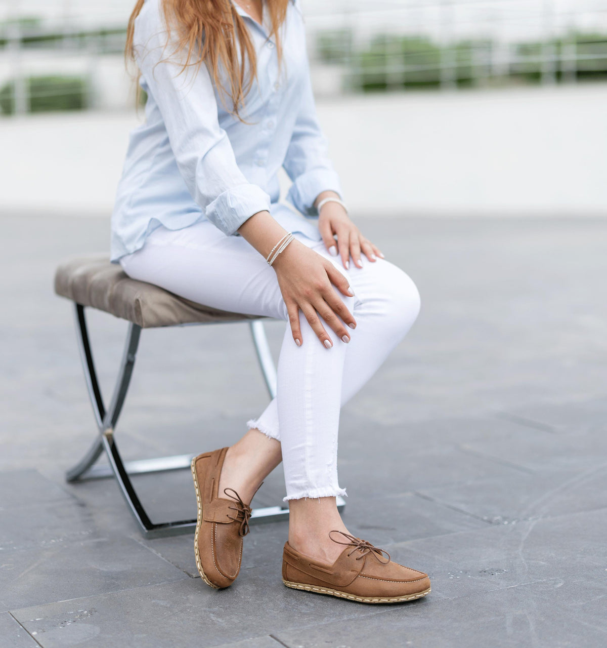 Hickory barefoot boat shoe for women — buffalo leather sole with copper grounding rivet