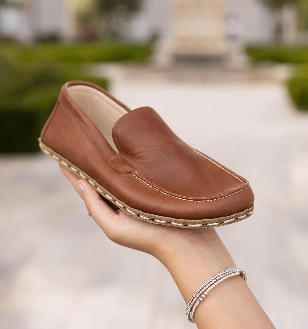 Umber barefoot moccasin for women — buffalo leather sole with copper grounding rivet