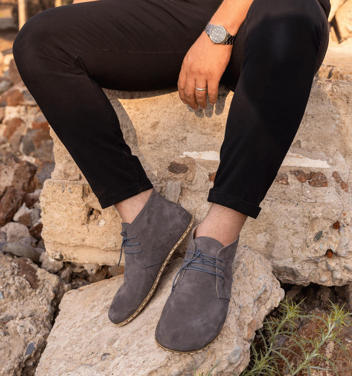 Ashen men's barefoot chukka boot — nubuck calfskin upper, hand-cut