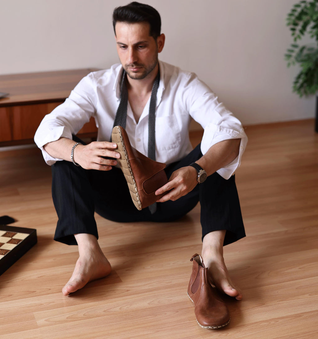 Umber barefoot chelsea boot for men — buffalo leather sole with copper grounding rivet