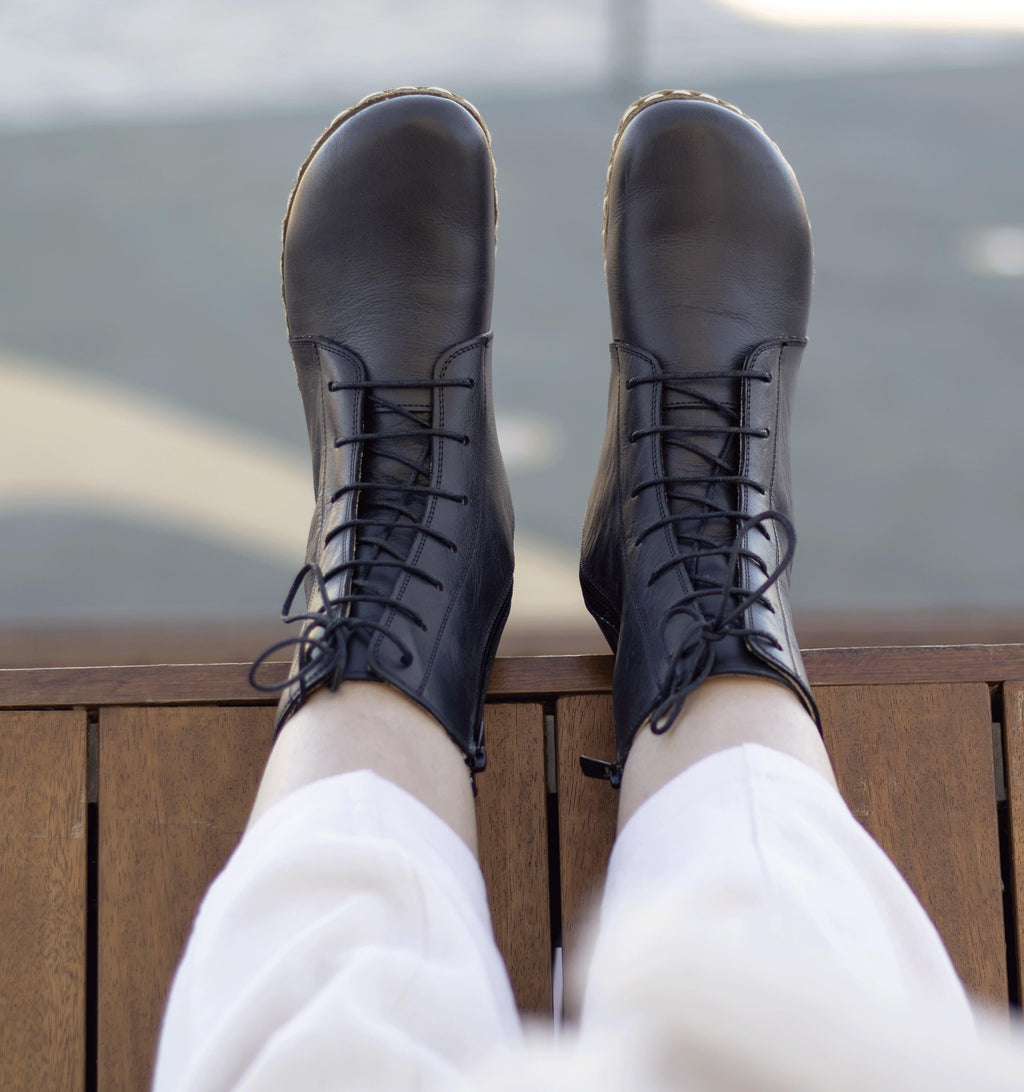 Raven Black women's barefoot ankle boot — smooth full-grain calfskin upper, hand-cut