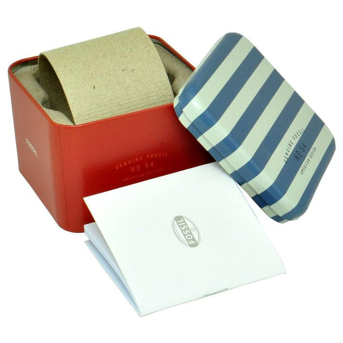 Fossil Neutra moonphase watch packaging with red box, striped pouch, and documentation