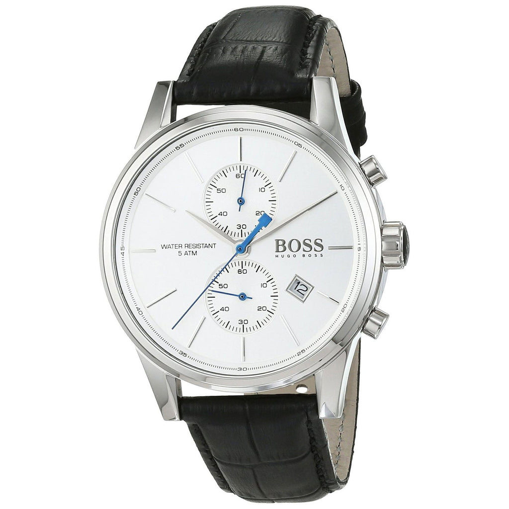 Hugo Boss Grand Prix chronograph men's watch angled view with black quilted leather strap