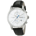 Hugo Boss Grand Prix chronograph men's watch angled view with black quilted leather strap
