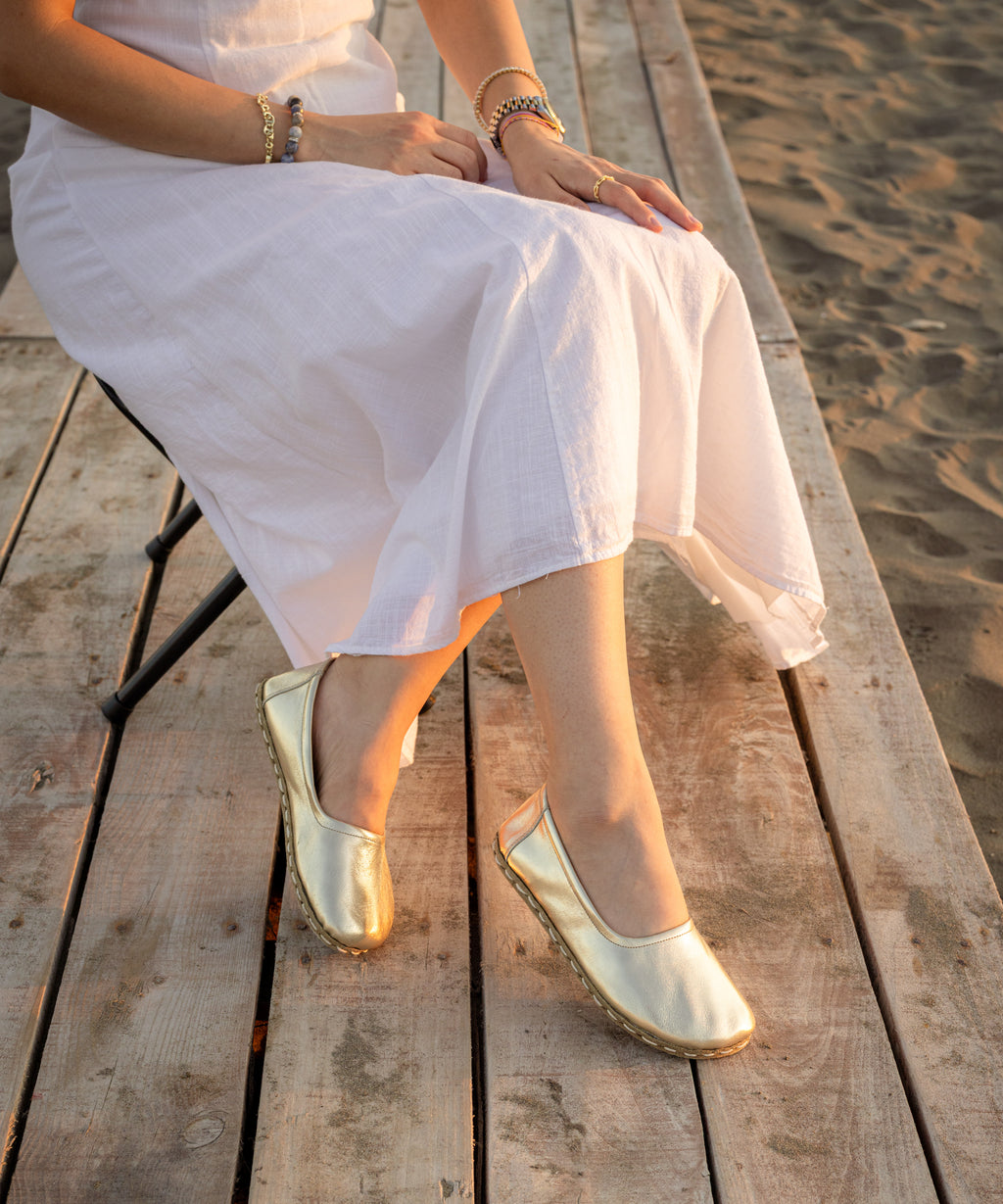 Harvest Gold barefoot ballet flat for women — buffalo leather sole with copper grounding rivet