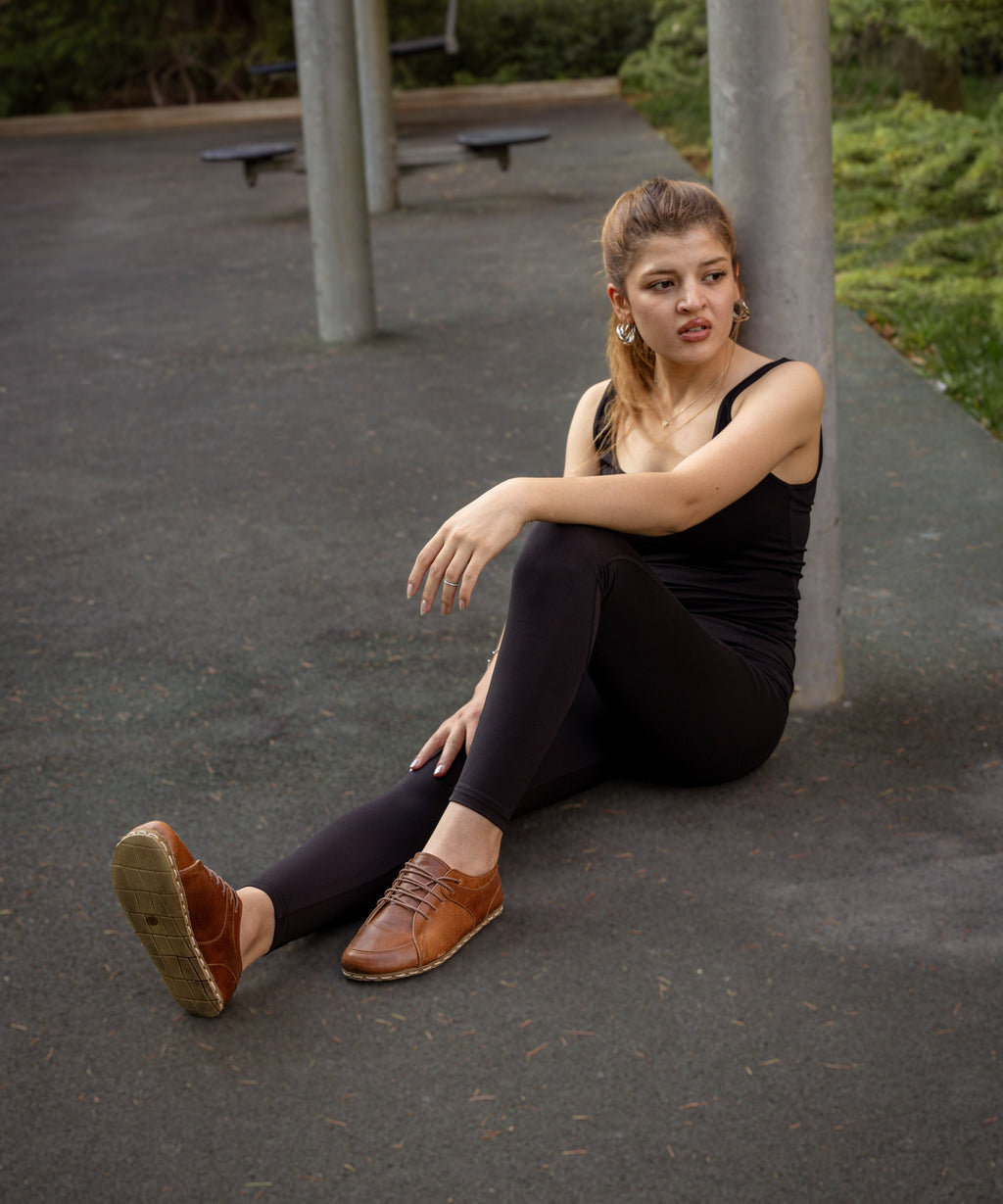 Russet barefoot sneaker for women — buffalo leather sole with copper grounding rivet