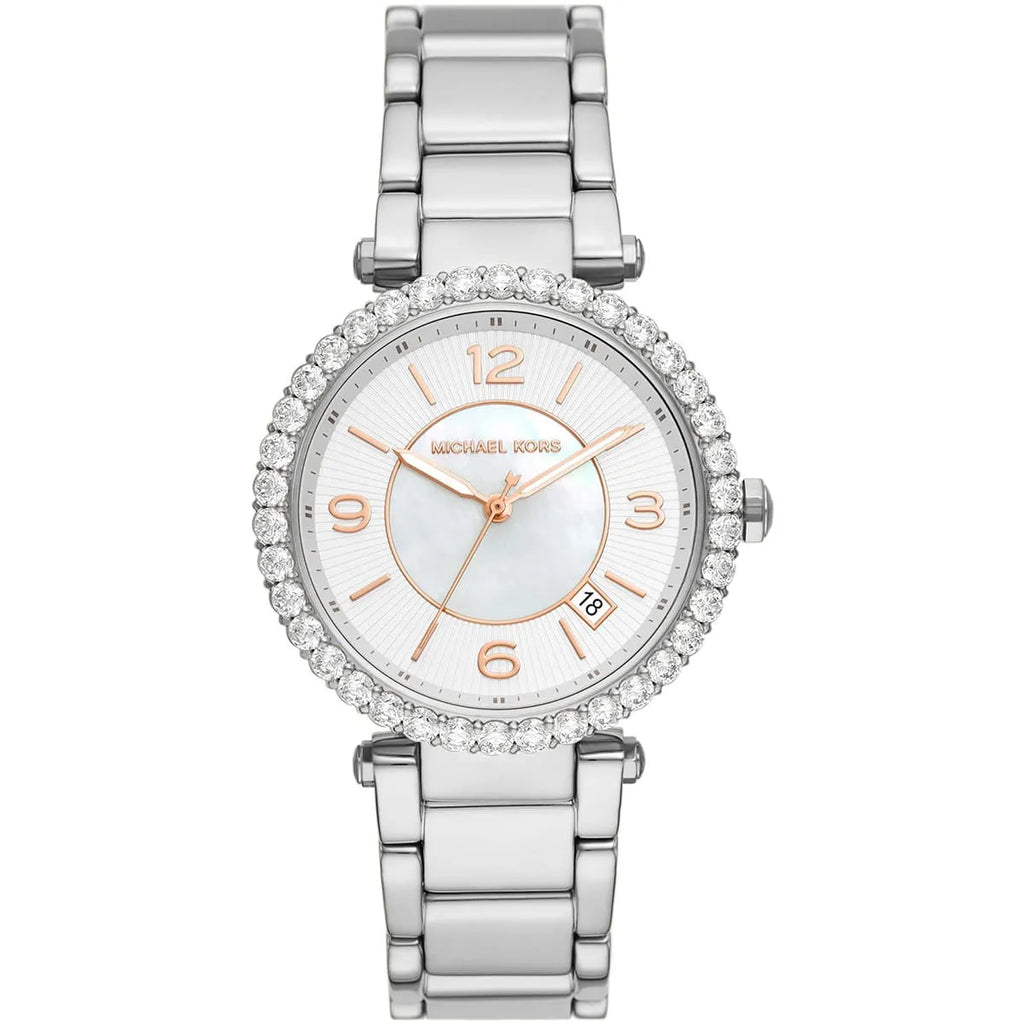 Michael Kors Parker Lux silver-tone women's watch with white dial and crystal bezel