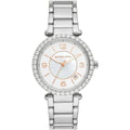Michael Kors Parker Lux silver-tone women's watch with white dial and crystal bezel