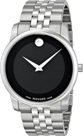 Movado Museum Classic watch with black dial, white hands, signature dot, silver steel bracelet