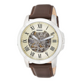 Fossil Grant automatic watch with cream dial, Roman numerals, and visible skeleton movement on brown leather strap