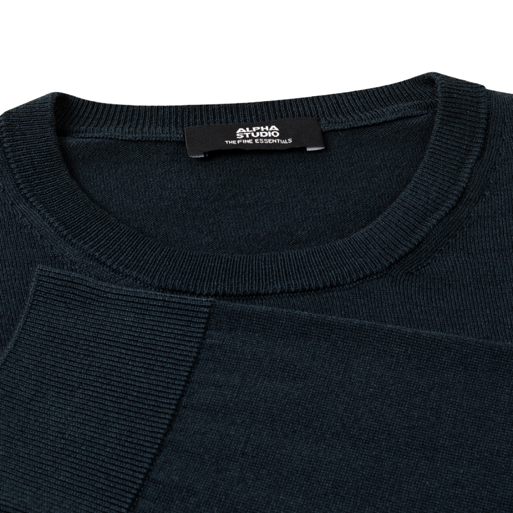 Alpha Studio Men Knit Crew Neck Silk Cashmere Blue