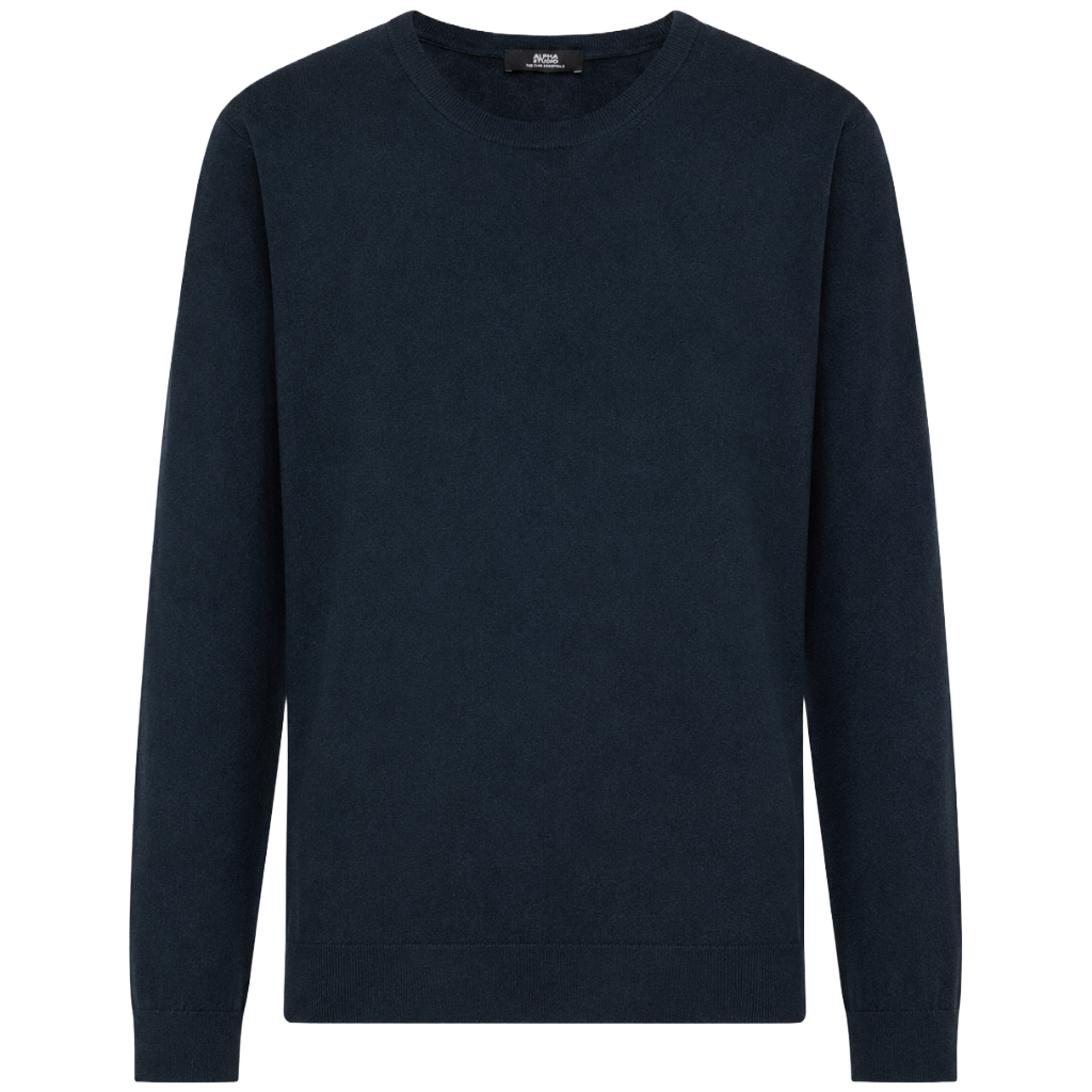 Alpha Studio Men Knit Crew Neck Silk Cashmere Blue