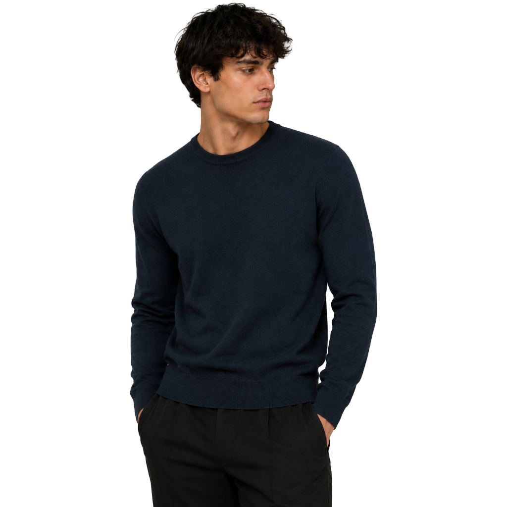 Alpha Studio Men Knit Crew Neck Silk Cashmere Blue