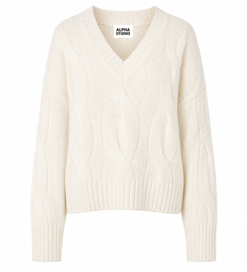 Alpha Studio Women Boxy Weaving Sweaters White