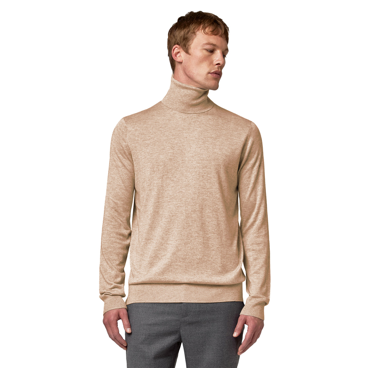 Alpha Studio Men Turtleneck Silk Cashmere Camel