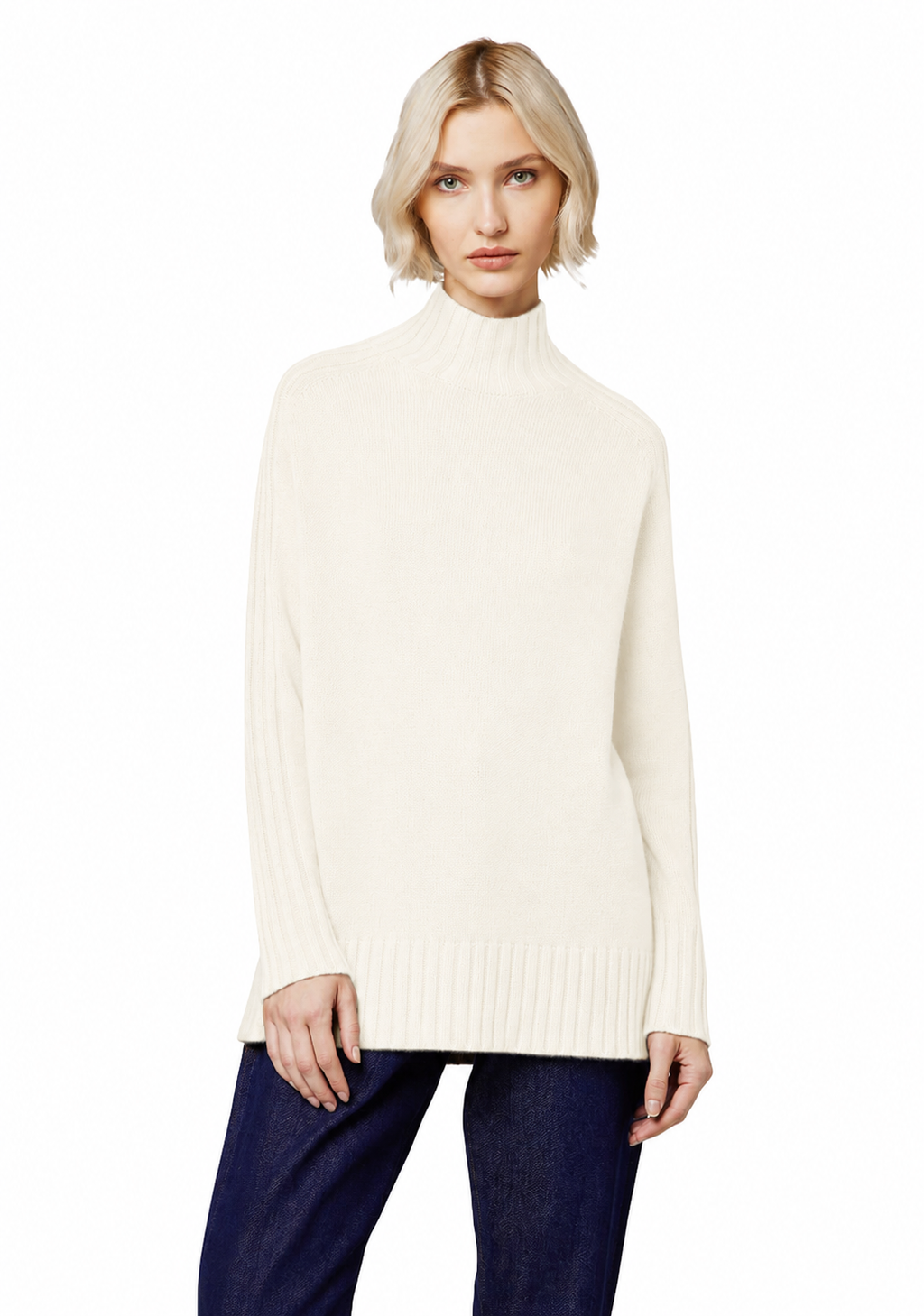 Alpha Studio Women High Neck Coste Mix Sweaters White