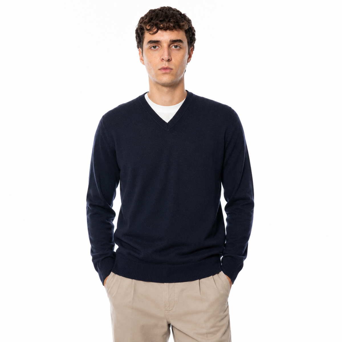Alpha Studio Men Knit V-Neck Blue