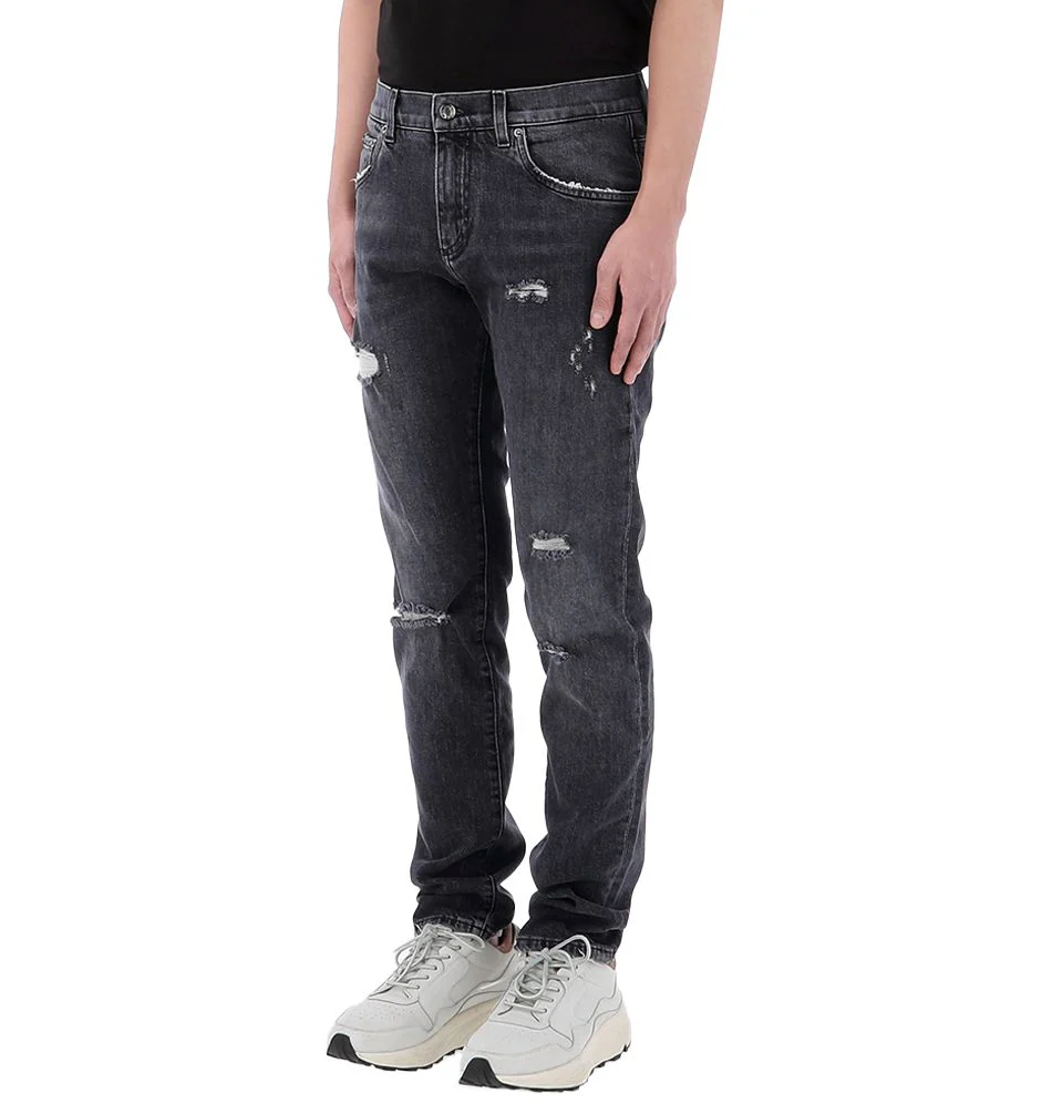 Dolce & Gabbana Men Lucky Chance Distressed Denim Jeans Grey