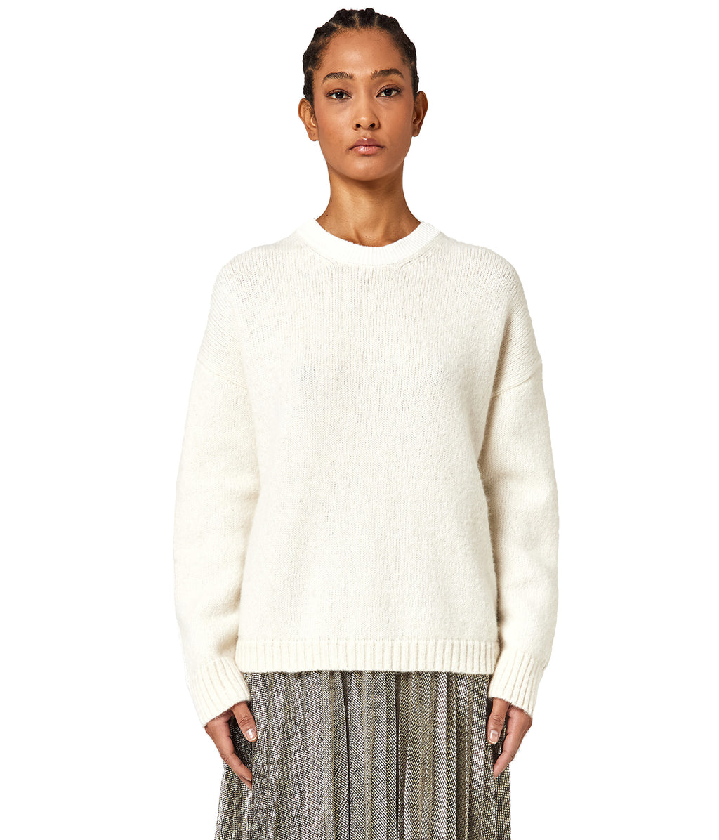 Alpha Studio Women Crew Neck Boxy Match Yarn Sweaters White