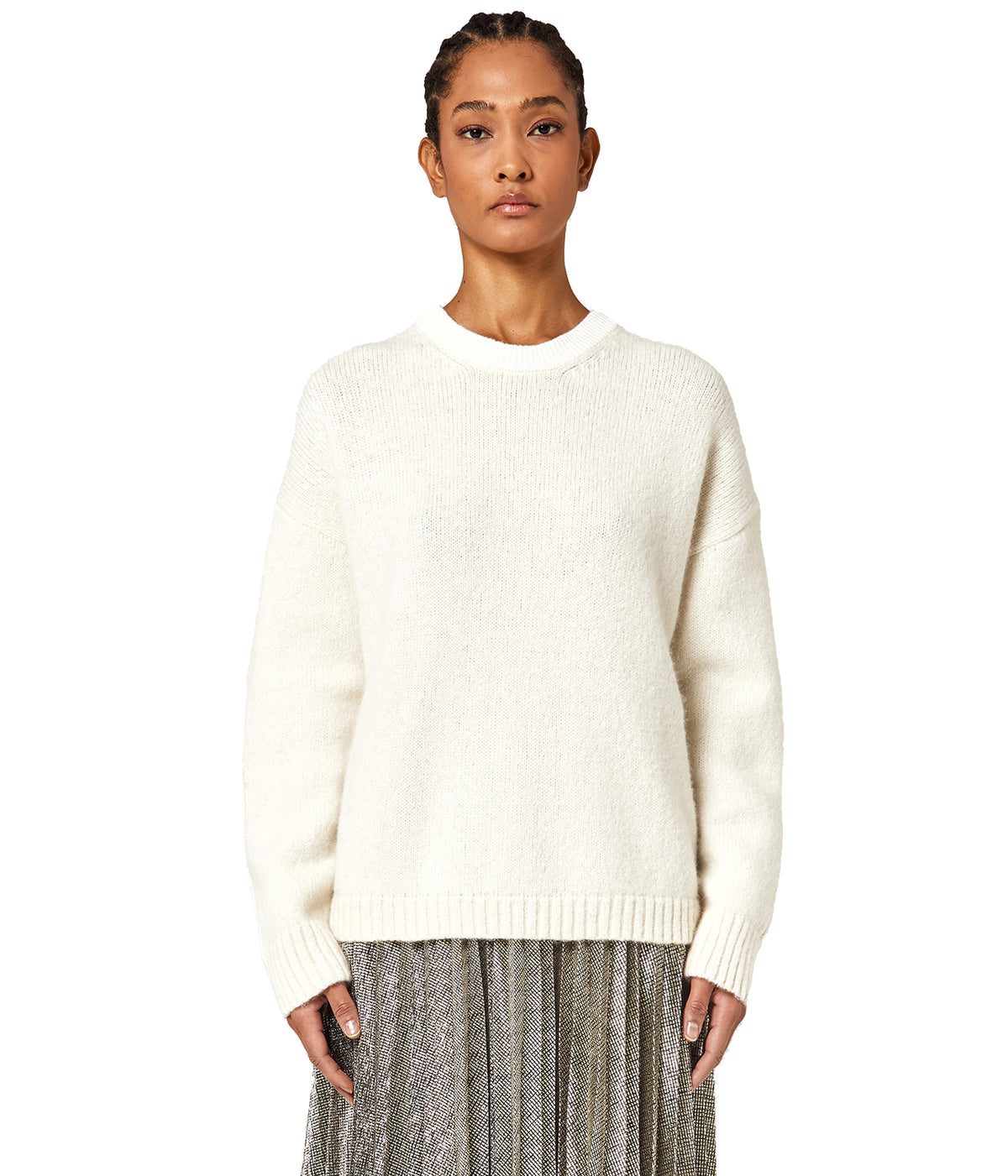 Alpha Studio Women Crew Neck Boxy Match Yarn Sweaters White