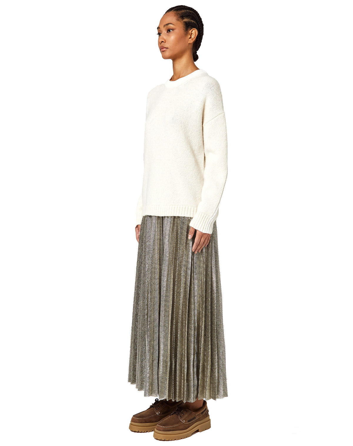 Alpha Studio Women Crew Neck Boxy Match Yarn Sweaters White