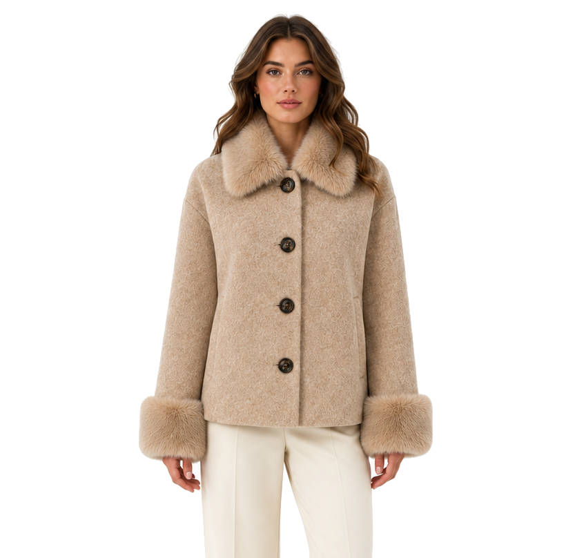 Loro Piana Fabric Women Coat Short Pelliccia Camel