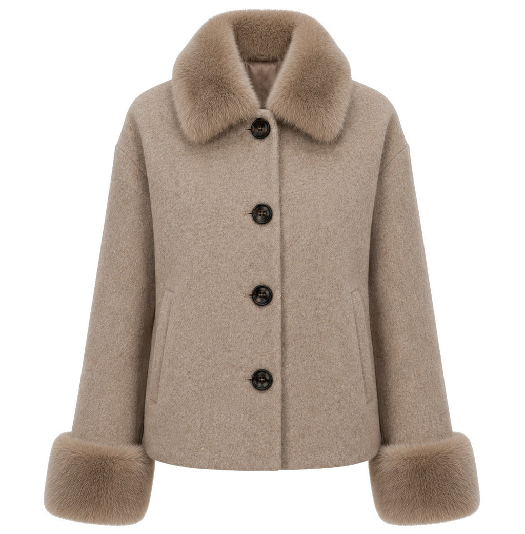 Loro Piana Fabric Women Coat Short Pelliccia Camel