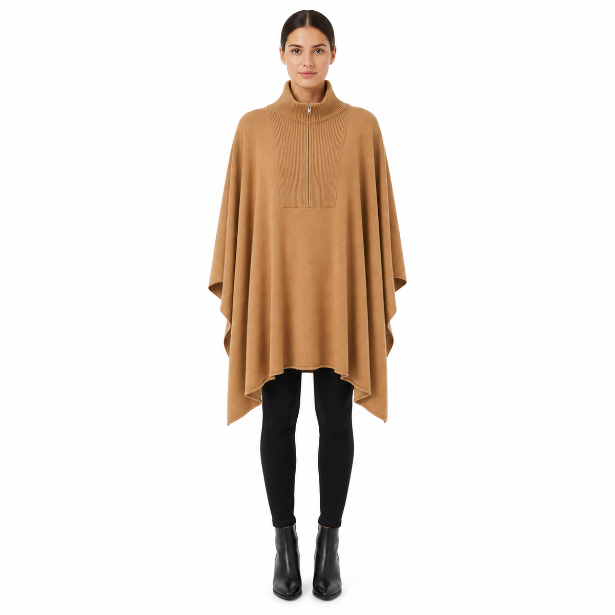 Alpha Studio Women Mock Neck Zip Poncho Total Look Poncho Camel