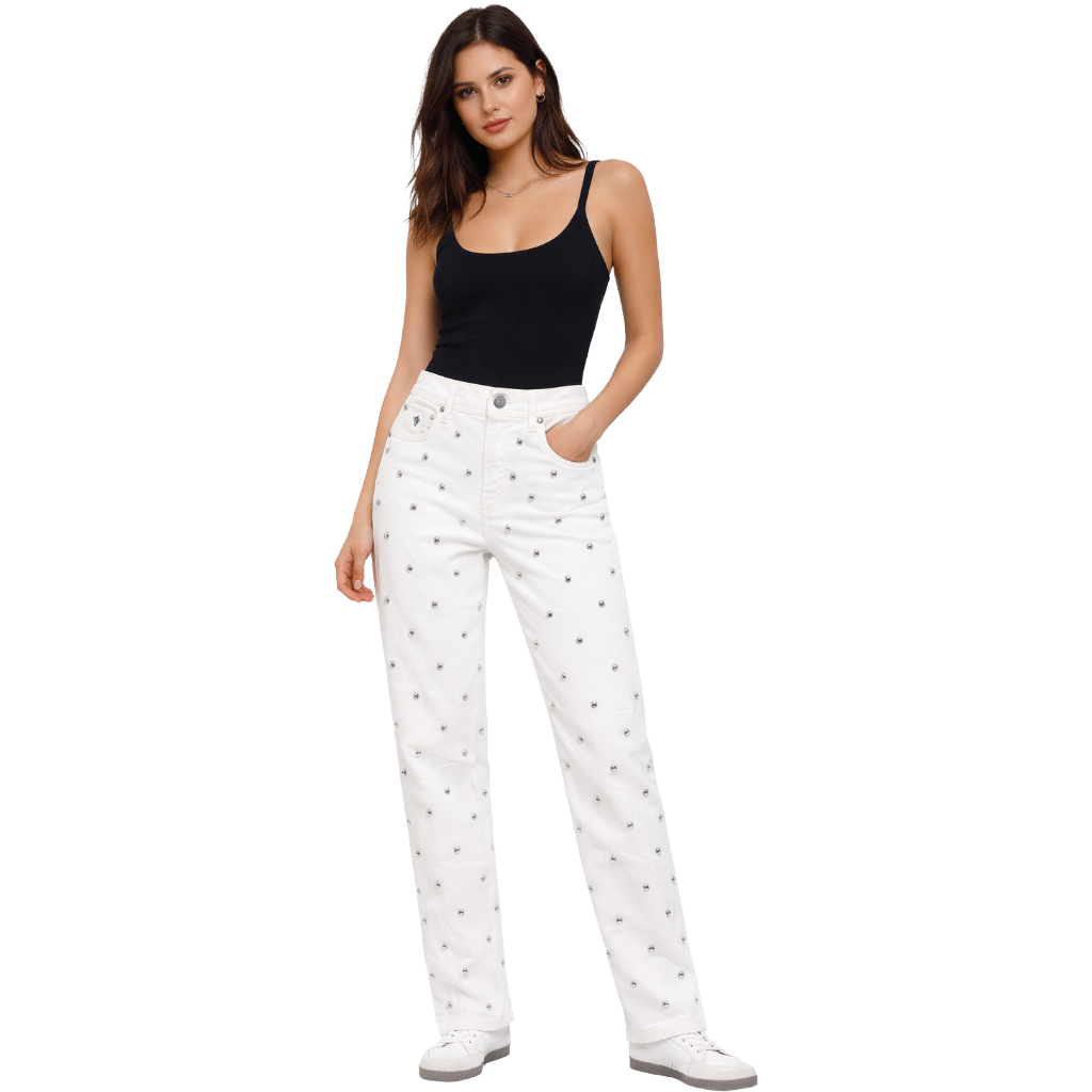 Victory Gate Women Jeans Studded White