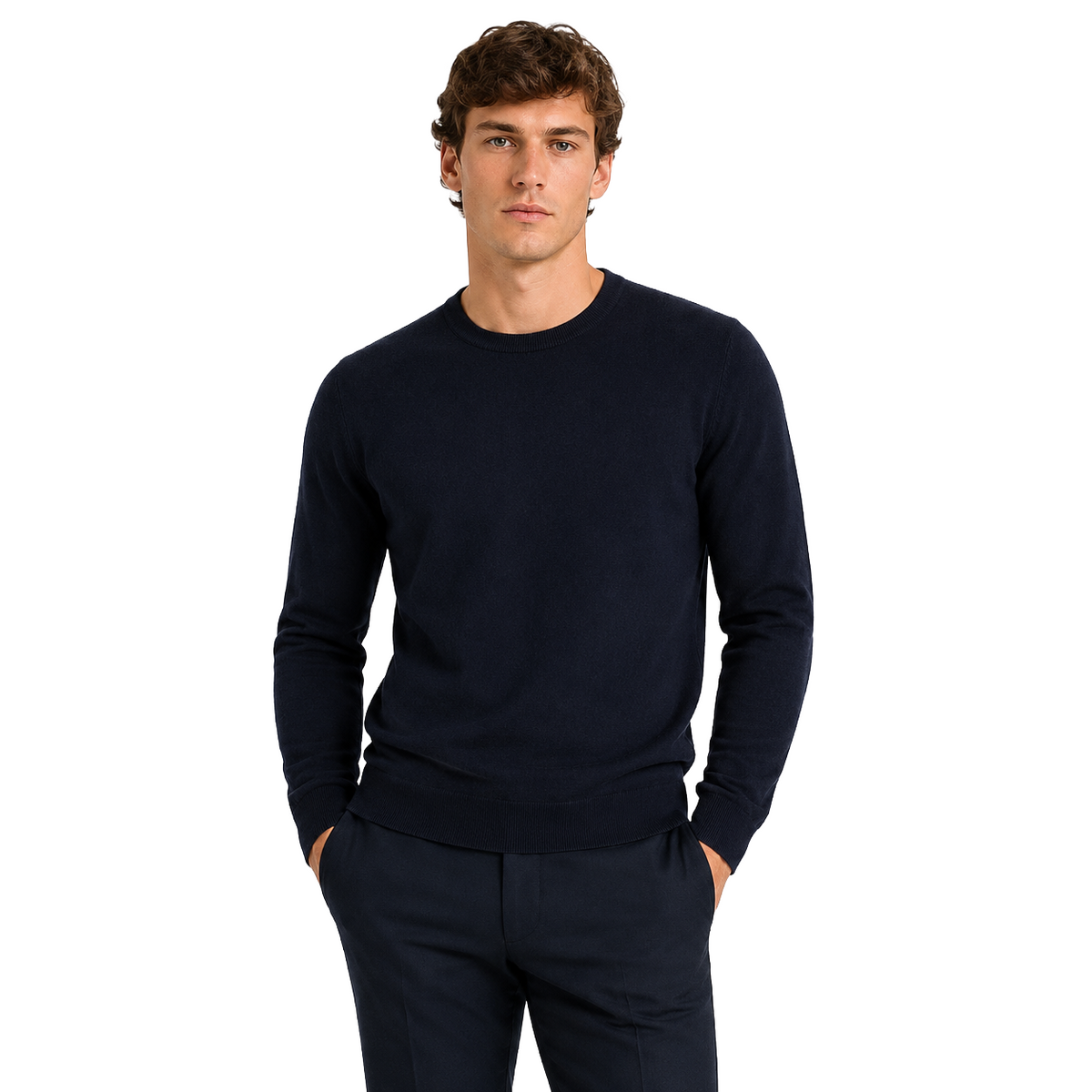 Alpha Studio Men Knit Crew Neck Wool Merino Blue