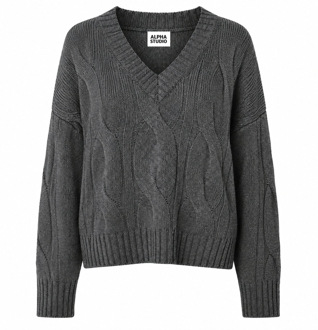 Alpha Studio Women Boxy Weaving Sweaters Grey