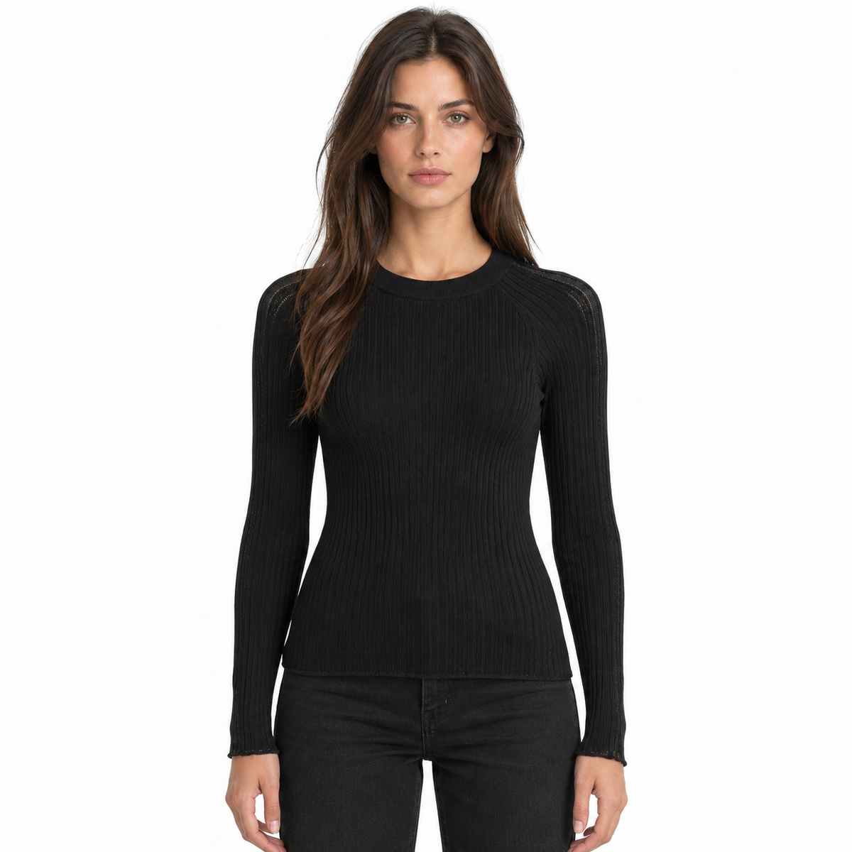 anna molinari Women Crew Neck Long Coste Sweaters Black