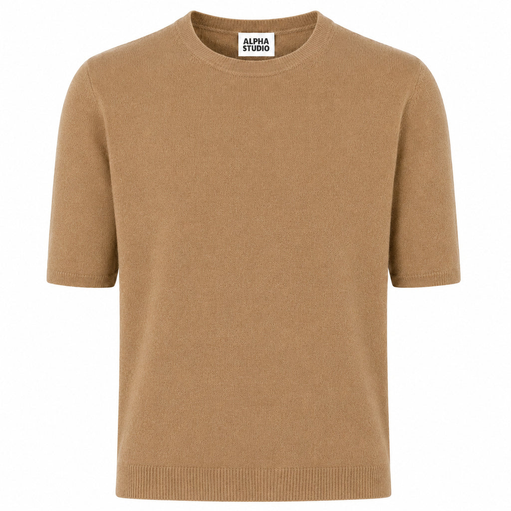 Alpha Studio Women Crew Neck Gomito Coste Mix Sweaters Camel