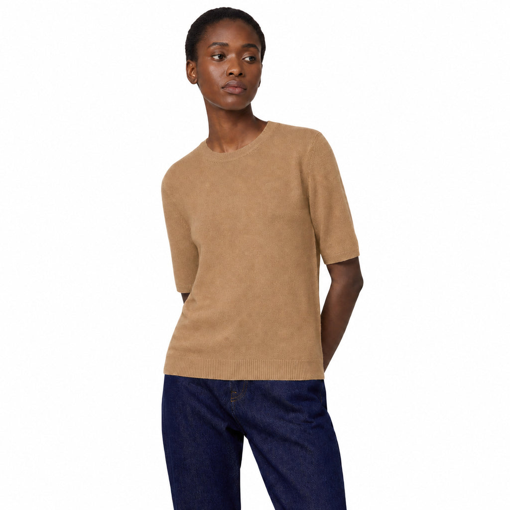 Alpha Studio Women Crew Neck Gomito Coste Mix Sweaters Camel