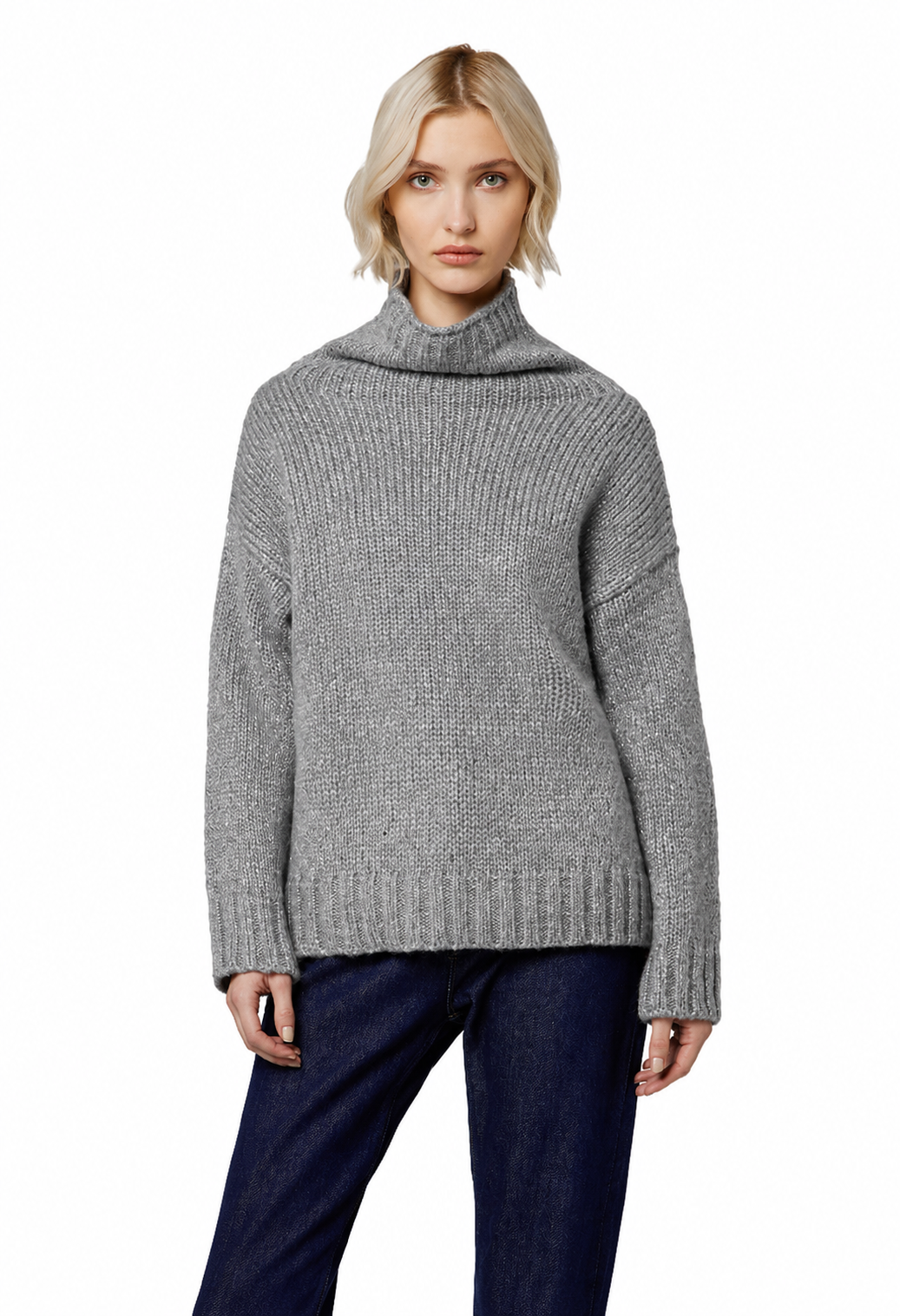 Alpha Studio Women Neck Piedi Soft Shiny Sweaters Grey