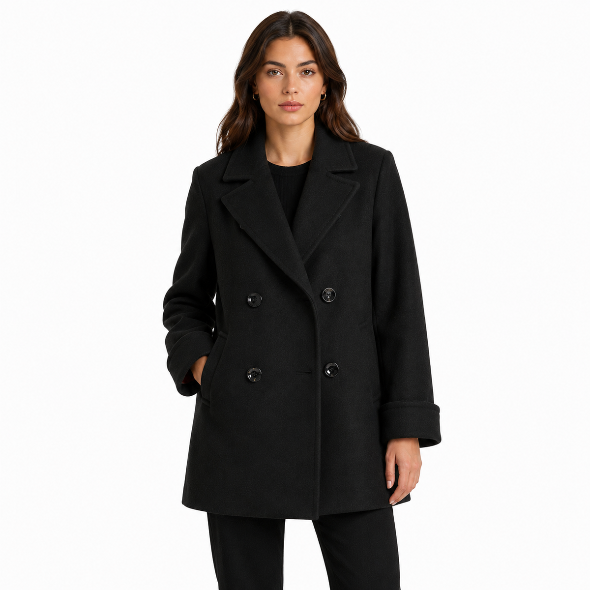 Loro Piana Fabric Women Coat Peacoat Double-Breasted Black