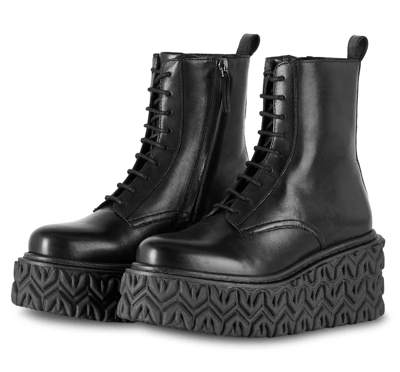 Patrizia Pepe Women Stivaletti Leather Zeppa Ankle Boots Black